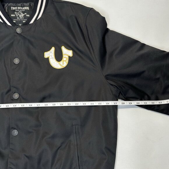 True Religion Jacket Mens 2XL Button Snap Satin Bomber Black Horseshoe Logo - Picture 15 of 16